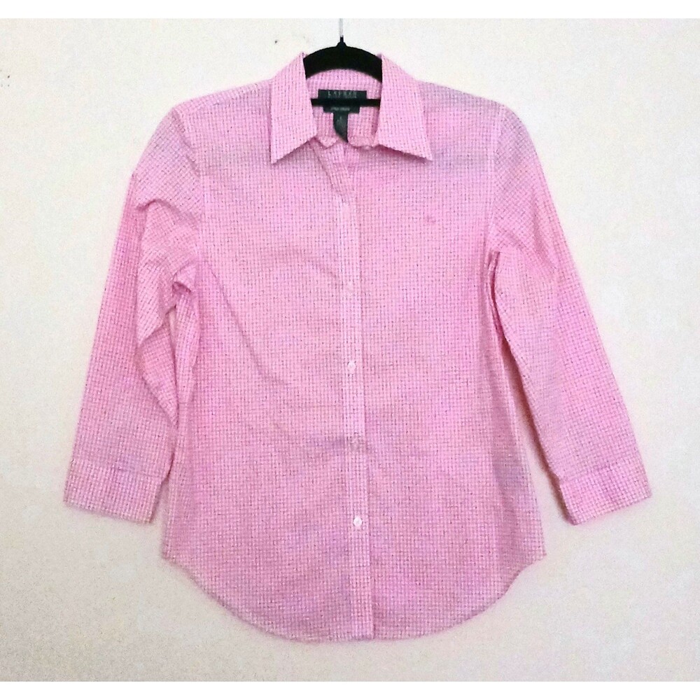 NEW Lauren Ralph Lauren Pink Check Button Front Blouse Non Iron 3/4 Sleeve Sz S